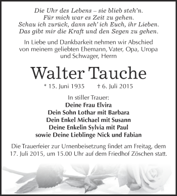 Traueranzeige von Walter Tauche von Super Sonntag Merseburg