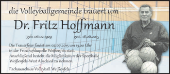 Traueranzeige von Fritz Hoffmann von WVG - Wochenspiegel NMB / WSF / ZTZ