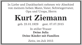 Traueranzeige von Kurt Ziemann von Super Sonntag Zeitz