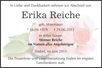 Traueranzeige von Erika Reiche von WVG - Wochenspiegel Dessau / Köthen