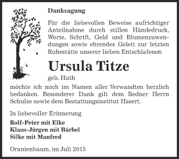 Traueranzeige von Ursula Titze von Super Sonntag Wittenberg