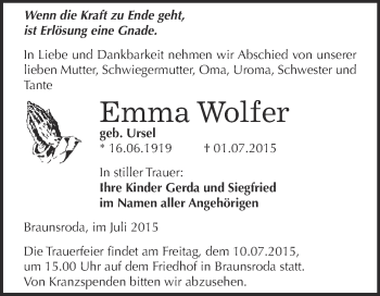 Traueranzeige von Emma Wolfer von WVG - Wochenspiegel NMB / WSF / ZTZ