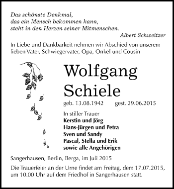 Traueranzeige von Wolfgang Schiele von Mitteldeutsche Zeitung Sangerhausen