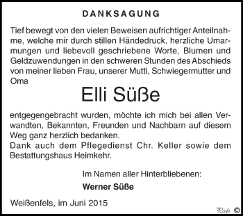 Traueranzeige von Elli Süße von WVG - Wochenspiegel NMB / WSF / ZTZ