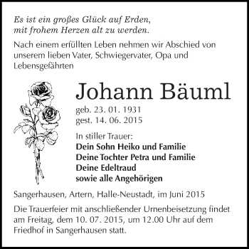 Traueranzeige von Johann Bäuml von Super Sonntag SGH Mansf. Land