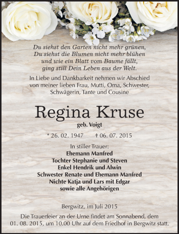 Traueranzeige von Regina Kruse von Mitteldeutsche Zeitung Wittenberg