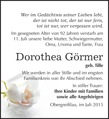 Traueranzeige von Dorothea Görmer von Mitteldeutsche Zeitung Weißenfels