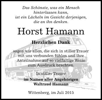 Traueranzeige von Horst Hamann von Mitteldeutsche Zeitung Wittenberg