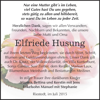 Traueranzeige von Elfriede Husung von WVG - Wochenspiegel SGH