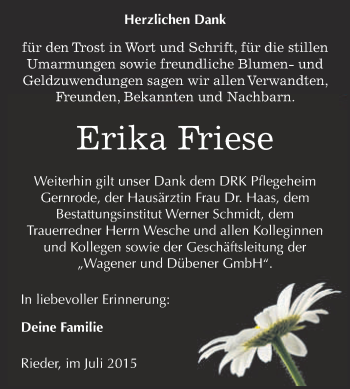 Traueranzeige von Erika Friese von WVG - Wochenspiegel Quedlinburg