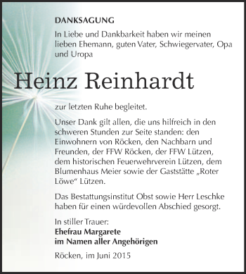 Traueranzeige von Heinz Reinhardt von Super Sonntag Merseburg