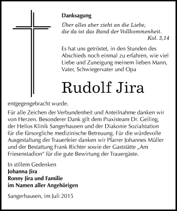Traueranzeige von Rudolf Jira von Mitteldeutsche Zeitung Sangerhausen