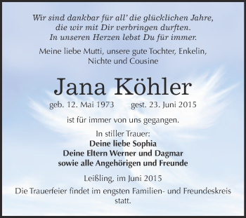 Traueranzeige von Jana Köhler von Super Sonntag Merseburg