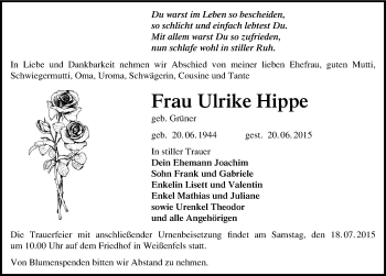 Traueranzeige von Ulrike Hippe von Mitteldeutsche Zeitung Weißenfels