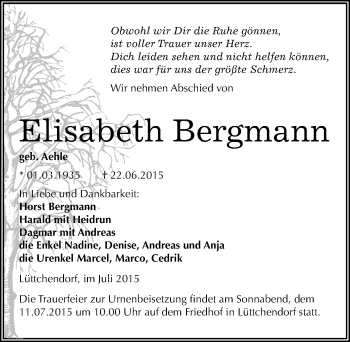 Traueranzeige von Elisabeth Bergmann von Mitteldeutsche Zeitung Mansfelder Land
