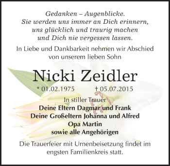 Traueranzeige von Nicki Zeidler von Mitteldeutsche Zeitung Bitterfeld