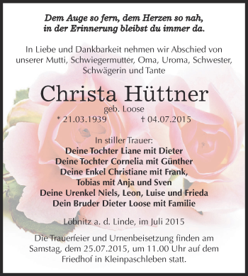 Traueranzeige von Christa Hüttner von WVG - Wochenspiegel Dessau / Köthen