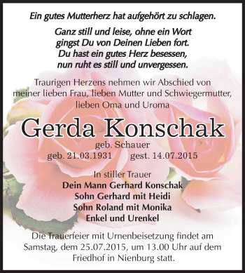 Traueranzeige von Gerda Konschak von Super Sonntag Bernburg