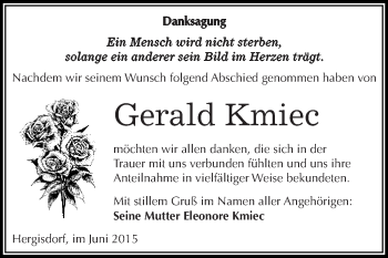Traueranzeige von Gerald Kmiec von Wochenspiegel Mansfelder Land