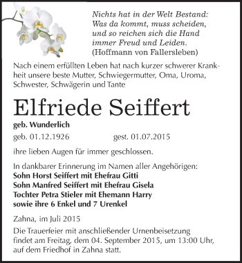 Traueranzeige von Elfriede Seiffert von Mitteldeutsche Zeitung Wittenberg