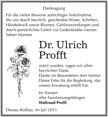 Traueranzeige von Ulrich Profft von Mitteldeutsche Zeitung Dessau-Roßlau
