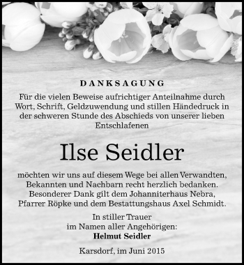 Traueranzeige von Ilse Seidler von Mitteldeutsche Zeitung Naumburg/Nebra