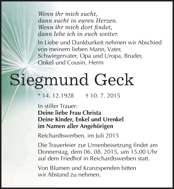 Traueranzeige von Siegmund Geck von Mitteldeutsche Zeitung Weißenfels