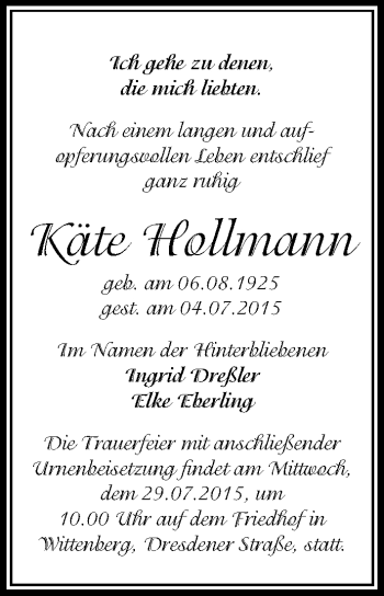 Traueranzeige von Käte Hollmann von Mitteldeutsche Zeitung Wittenberg