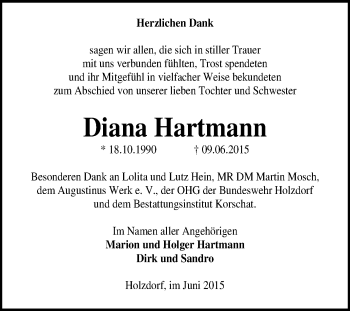 Traueranzeige von Diana Hartmann von WVG - Wochenspiegel Wittenberg