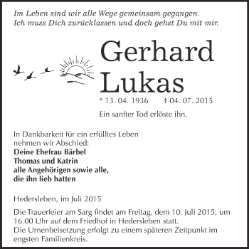 Traueranzeige von Gerhard Lukas von WVG - Wochenspiegel Quedlinburg