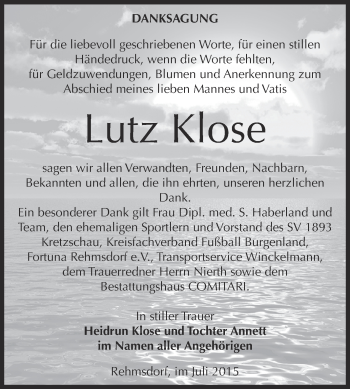 Traueranzeige von Lutz Klose von Super Sonntag Zeitz