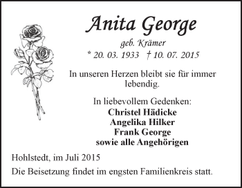 Traueranzeige von Anita George von Super Sonntag SGH Mansf. Land