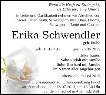 Traueranzeige von Erika Schwendler von WVG - Wochenspiegel Merseburg