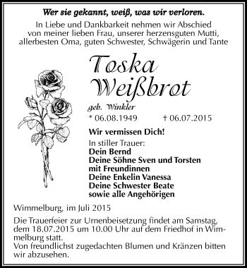 Traueranzeige von Toska Weißbrot von Mitteldeutsche Zeitung Mansfelder Land
