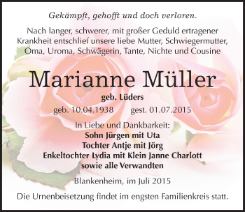Traueranzeige von Marianne Müller von Mitteldeutsche Zeitung Sangerhausen
