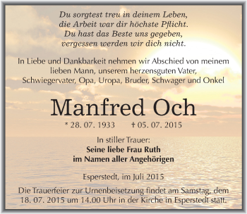 Traueranzeige von Manfred Och von Mitteldeutsche Zeitung Mansfelder Land