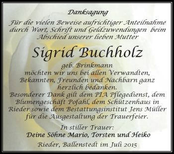 Traueranzeige von Sigrid Buchholz von Super Sonntag Aschersleben