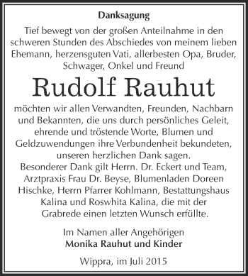 Traueranzeige von Rudolf Rauhut von Super Sonntag SGH Mansf. Land