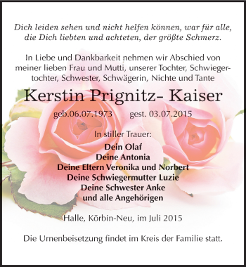 Traueranzeige von Kerstin Prignitz-Kaiser von Mitteldeutsche Zeitung Wittenberg