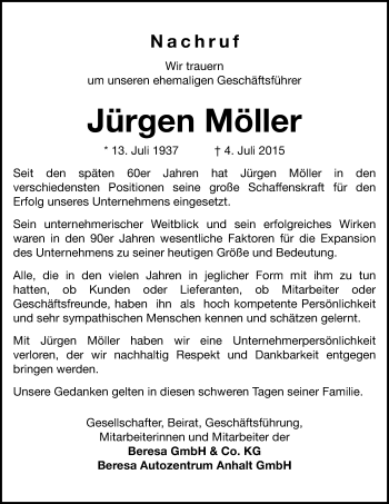 Traueranzeige von Jürgen Möller von Mitteldeutsche Zeitung Dessau-Roßlau