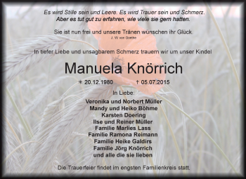 Traueranzeige von Manuela Knörrich von Super Sonntag Zeitz