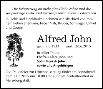 Traueranzeige von Alfred John von Mitteldeutsche Zeitung Merseburg/Querfurt