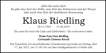 Traueranzeige von Klaus Riedling von Mitteldeutsche Zeitung Halle/Saalkreis