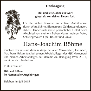 Traueranzeige von Hans-Joachim Böhme von Wochenspiegel Mansfelder Land
