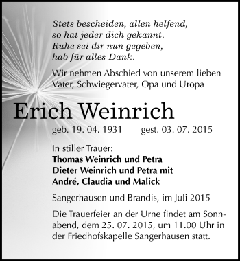 Traueranzeige von Erich Weinrich von Mitteldeutsche Zeitung Sangerhausen