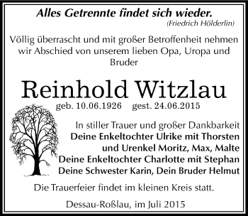 Traueranzeige von Reinhold Witzlau von Mitteldeutsche Zeitung Dessau-Roßlau