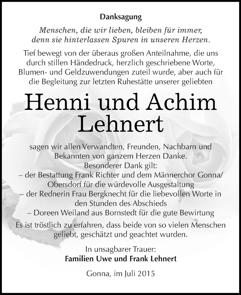  Traueranzeige für Henni und Achim Lehnert vom 11.07.2015 aus Super Sonntag SGH Mansf. Land