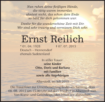 Traueranzeige von Ernst Reilich von Mitteldeutsche Zeitung Merseburg/Querfurt