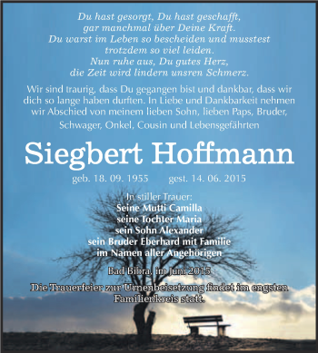 Traueranzeige von Siegbert Hoffmann von WVG - Wochenspiegel NMB / WSF / ZTZ