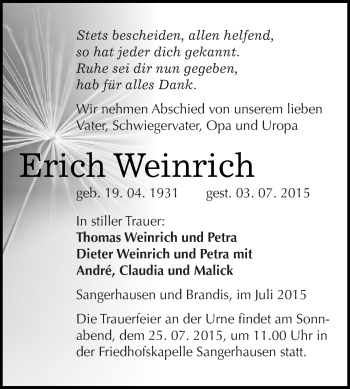 Traueranzeige von Erich Weinreich von Super Sonntag SGH Mansf. Land